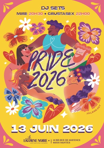 Affiche pour l'événement HÉRITAGES à Nantes, illustrée avec des portraits colorés de personnes diverses, entourés de fleurs, annonçant des discussions, DJ sets, open mic et ateliers pour enfants.