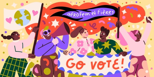 Affiche pour l'événement HÉRITAGES à Nantes, illustrée avec des portraits colorés de personnes diverses, entourés de fleurs, annonçant des discussions, DJ sets, open mic et ateliers pour enfants.