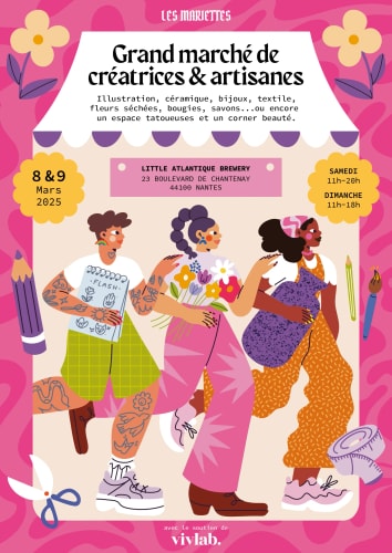 Affiche pour l'événement HÉRITAGES à Nantes, illustrée avec des portraits colorés de personnes diverses, entourés de fleurs, annonçant des discussions, DJ sets, open mic et ateliers pour enfants.