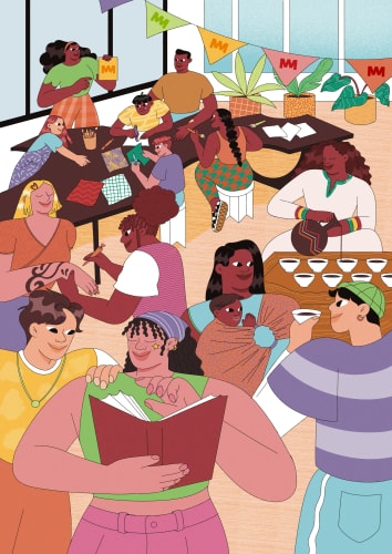 Affiche pour l'événement HÉRITAGES à Nantes, illustrée avec des portraits colorés de personnes diverses, entourés de fleurs, annonçant des discussions, DJ sets, open mic et ateliers pour enfants.