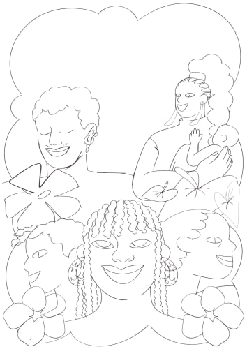 Affiche pour l'événement HÉRITAGES à Nantes, illustrée avec des portraits colorés de personnes diverses, entourés de fleurs, annonçant des discussions, DJ sets, open mic et ateliers pour enfants.