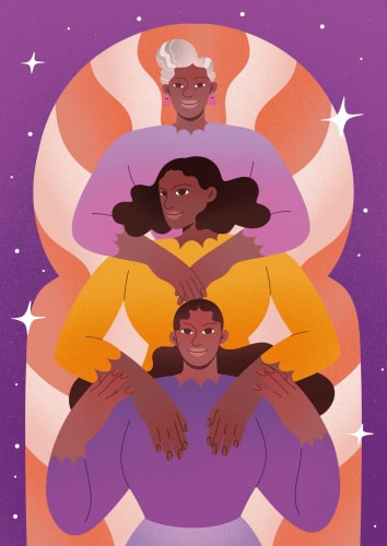 Affiche pour l'événement HÉRITAGES à Nantes, illustrée avec des portraits colorés de personnes diverses, entourés de fleurs, annonçant des discussions, DJ sets, open mic et ateliers pour enfants.