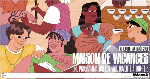Affiche pour l'événement HÉRITAGES à Nantes, illustrée avec des portraits colorés de personnes diverses, entourés de fleurs, annonçant des discussions, DJ sets, open mic et ateliers pour enfants.