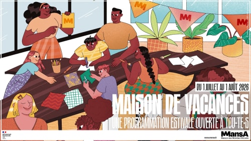 Affiche pour l'événement HÉRITAGES à Nantes, illustrée avec des portraits colorés de personnes diverses, entourés de fleurs, annonçant des discussions, DJ sets, open mic et ateliers pour enfants.