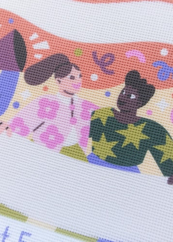 Affiche pour l'événement HÉRITAGES à Nantes, illustrée avec des portraits colorés de personnes diverses, entourés de fleurs, annonçant des discussions, DJ sets, open mic et ateliers pour enfants.