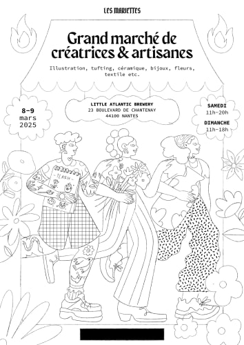 Affiche pour l'événement HÉRITAGES à Nantes, illustrée avec des portraits colorés de personnes diverses, entourés de fleurs, annonçant des discussions, DJ sets, open mic et ateliers pour enfants.