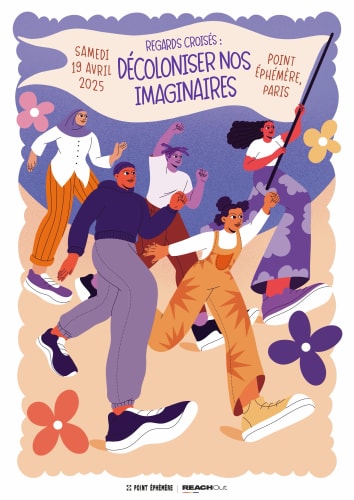 Affiche pour l'événement HÉRITAGES à Nantes, illustrée avec des portraits colorés de personnes diverses, entourés de fleurs, annonçant des discussions, DJ sets, open mic et ateliers pour enfants.
