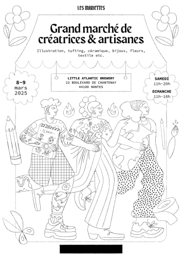 Affiche pour l'événement HÉRITAGES à Nantes, illustrée avec des portraits colorés de personnes diverses, entourés de fleurs, annonçant des discussions, DJ sets, open mic et ateliers pour enfants.