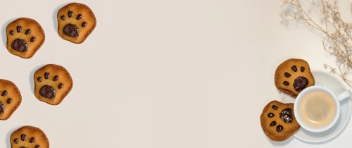 Biscuits en forme de pattes de chat disposés autour d'une tasse de café sur une table claire, avec une branche décorative en haut à droite.