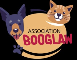 Logo de l'Association Booglaw avec une illustration d'un chien à gauche et d'un chat à droite.