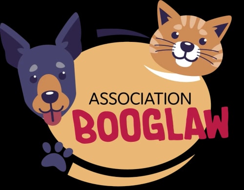 Logo de l'Association Booglaw avec une illustration d'un chien à gauche et d'un chat à droite.