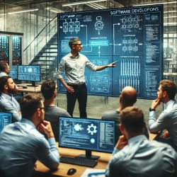 Salle de réunion moderne avec des personnages en formation technique , chacun utilisant un ordinateur portable, avec un écran présentant des support de formation, montée en compétences