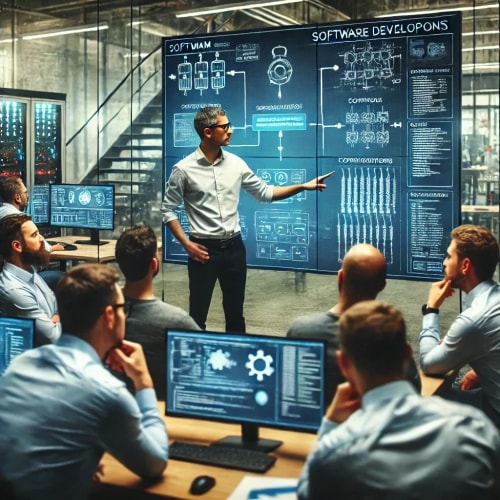 Salle de réunion moderne avec des personnages en formation technique , chacun utilisant un ordinateur portable, avec un écran présentant des support de formation, montée en compétences