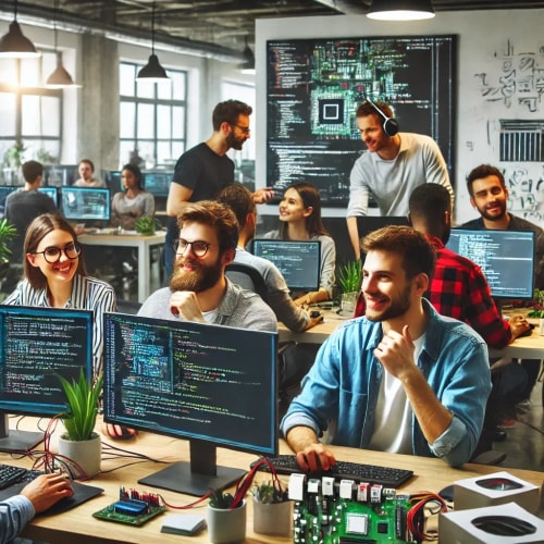 Des personnes travaillant ensemble dans un espace de bureau moderne, entourées d'écrans d'ordinateur affichant du code, avec un tableau blanc en arrière-plan et un ambiance collaborative.