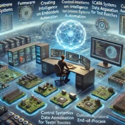 Professionnel travaillant sur des systèmes automatisés, entouré d'écrans montrant des données techniques et des circuits imprimés, représentant l'automatisation dans la technologie et le contrôle des systèmes.