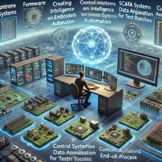 Professionnel travaillant sur des systèmes automatisés, entouré d'écrans montrant des données techniques et des circuits imprimés, représentant l'automatisation dans la technologie et le contrôle des systèmes.