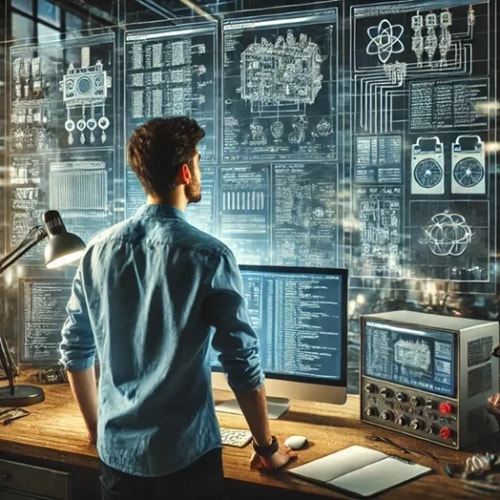 Expert contrôlant des écrans d'ordinateur avec des graphiques et des circuits électroniques, dans un environnement de laboratoire technique avec des outils High-tech