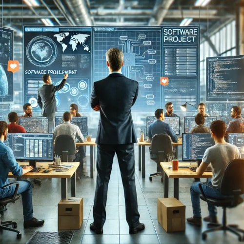 Responsable gérant un bureau d'étude en ingénierie informatique avec des ingénieurs travaillant sur des solutions industrielles