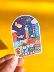 Une pochette en tissu coloré avec des motifs d'icônes de voyage au Japon, tenu par une main, sur un fond jaune.