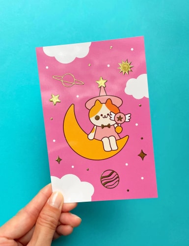 Carte postale à dorure - Cat on the moon