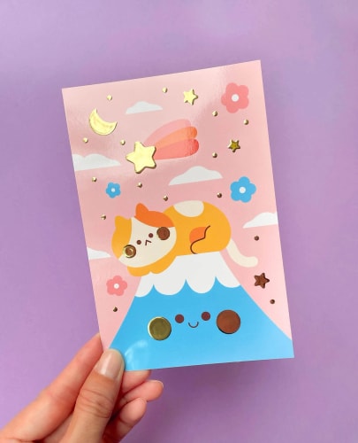 Carte postale à dorure - Cat on Mount Fuji