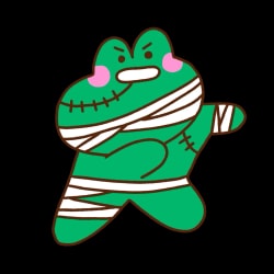 Une grenouille verte au sourire espiègle, les bras croisés, avec des taches roses et des bandes blanches autour du corps.