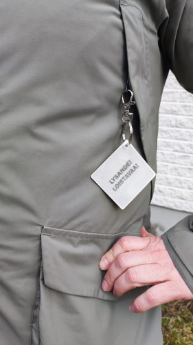 Un chien est assis dans une rue sombre. Il porte un collier avec un réflecteur en forme d'étoile. Ce réflecteur le protège dans l'obscurité lors d'une promenade nocturne.