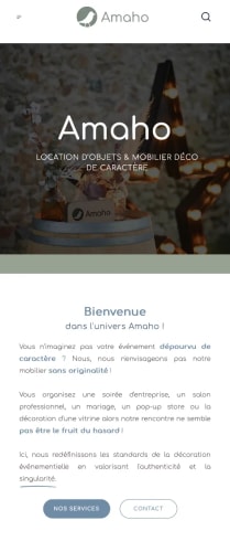 Capture d'écran du site web Amaho, entreprise de location de meubles pour événements à Annecy