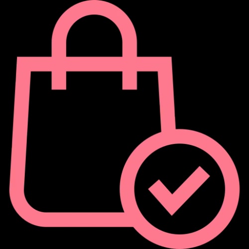 Icône d'un sac de courses avec une coche à l'intérieur, de couleur rose.