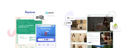 Image présentant plusieurs sites web réalisés par l'équipe de l'Agence Vitrine, incluant Keystone, Christine Menard et Wiimotic, accompagnée de slogans et d'interfaces utilisateur modernes.