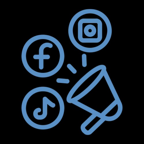 Icône de mégaphone entourée de symboles de réseaux sociaux, y compris Facebook et un symbole musical.