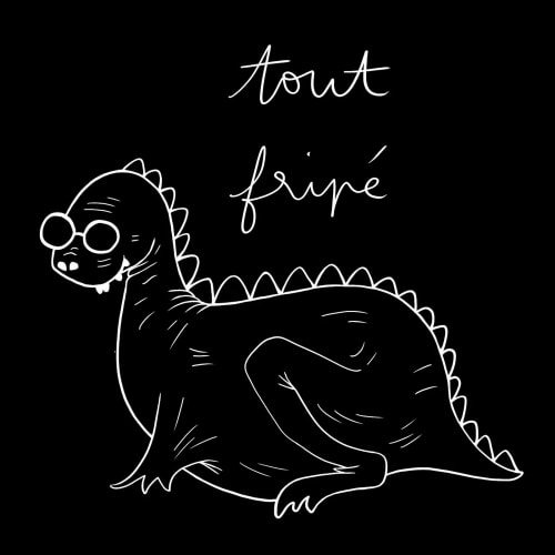 Dessin au trait blanc d’un dragon mignon sur fond noir, avec de grandes ailes, des épines dorsales et le texte manuscrit « Tout finit ».