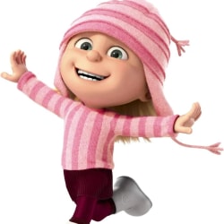 Edith, personnage dans dans Moi, moche et méchant, souriante avec un bonnet rose à rayures et un pull assorti, en position joyeuse et bras écartés.