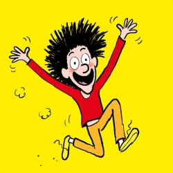 Anatole Latuile, personnage de dessin animé avec de grands cheveux noirs ébouriffés, portant un pull rouge et un pantalon beige, sautant joyeusement sur un fond jaune.