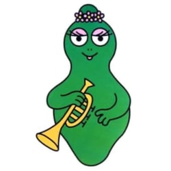 Barbalala, personnage des Barbapapa, vert caricatural avec un chignon orné de fleurs roses, tenant une trompette jaune.