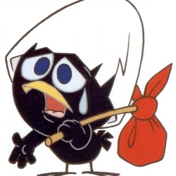 Calimero, Un petit oiseau noir cartoon avec un chapeau blanc, une larme sur la joue, tenant un bâton avec un sac rouge attaché, exprimant la tristesse ou la peur.