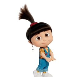 Agnès personnage dans Moi, moche et méchant, petite fille avec une queue de cheval haute, portant une salopette en jean bleue, un t-shirt à rayures jaunes et rouges, et des baskets blanches, souriant légèrement.