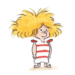 Ana Ana, illustration d'un enfant avec de grands cheveux blonds ébouriffés, portant une robe blanche à rayures rouges et des épaules rouges, debout pieds nus.