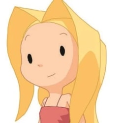 Lou, personnage de la bande dessinée du même nom, avec de longs cheveux blonds et une robe rouge, regardant vers la droite