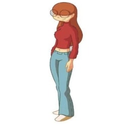 La mère de Lou, personnage de bande dessinée, une femme aux cheveux longs et bruns portant un pull rouge à manches longues et un jean bleu, debout avec les yeux fermés.