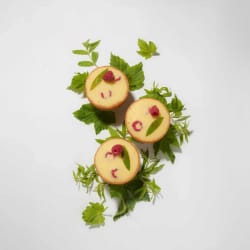 Trois petites tartes à la crème garnies de framboises et de feuilles vertes, présentées sur un fond blanc avec des feuilles décoratives vertes.