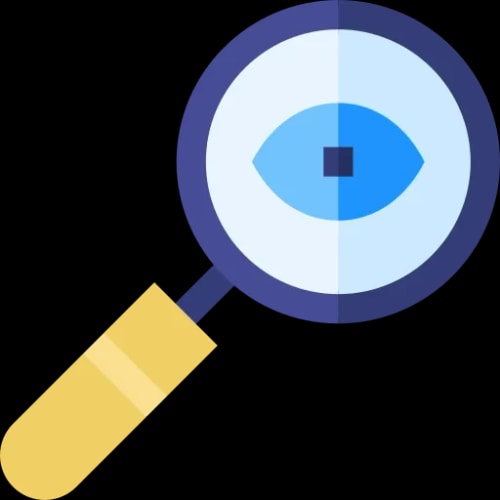 Une loupe avec un manche jaune et un verre transparent, mettant en évidence un œil bleu au centre, pour la disponibilité et la transparence