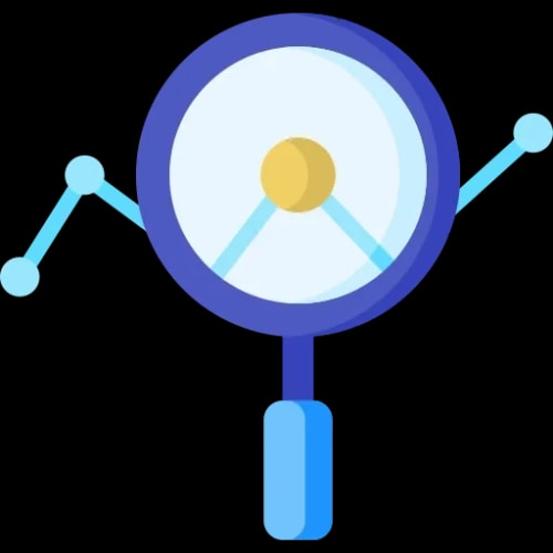 Icône d'une loupe avec un graphique à barres et une ligne, symbolisant la recherche et l'analyse des données, pour illustrer l'analyse de vos besoins en recrutement par Keystone Recrutement