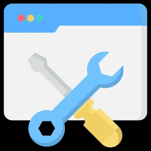 Icône représentant des outils de maintenance avec un écran d'ordinateur en arrière-plan pour l'IT et le digital