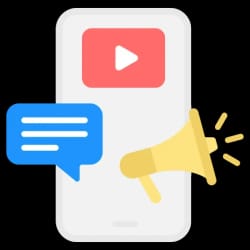 Icône d'un téléphone portable avec une vidéo, une bulle de conversation et un mégaphone, pour illustrer la mise en oeuvre de la stratégie de recrutement par Keystone Recrutement