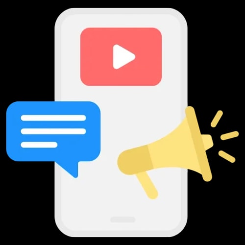 Icône d'un téléphone portable avec une vidéo, une bulle de conversation et un mégaphone, pour illustrer la mise en oeuvre de la stratégie de recrutement par Keystone Recrutement