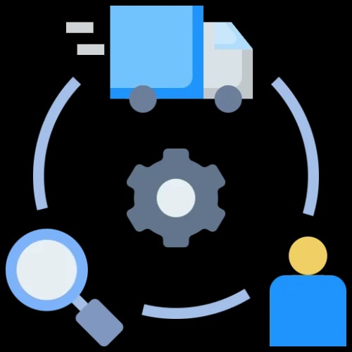 Icône représentant un camion de livraison, une loupe, un mécanisme et une personne, symbolisant la logistique et le suivi de livraison pour l'achat et la supply chain