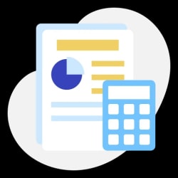 Icône représentant un document avec un graphique et une calculatrice à côté pour la finance et comptabilité