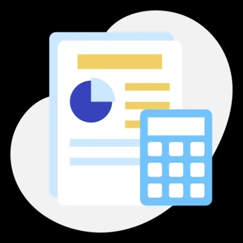 Icône représentant un document avec un graphique et une calculatrice à côté pour la finance et comptabilité