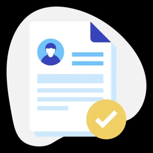 Icône représentant un document avec un symbole de validation, incluant un profil humain et un encadré de texte pour la RH, la paie et le juridique